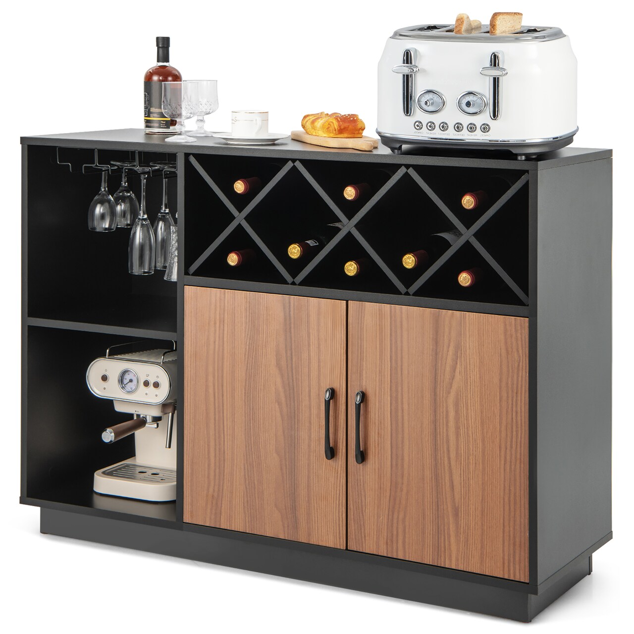Costway Industrial Wine Bar Cabinet Sideboard Buffet with Glass Holder & Adjustable Shelf